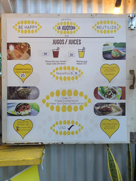 Palma Central Arepas Restaurants in Tulum Mexico juice menu