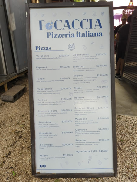 Palma Central Restaurants in Tulum Mexico pizza menu