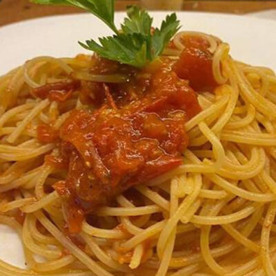 Spaghetti Bolognesa with Mixed Pork and Beef from Focaccia Pizzeria Italiano food truck restaurant at Palma Central in Tulum Mexico