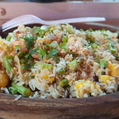 Asian Bodega fried rice with shrimp food truck restaurant at Palma Central in Tulum Mexico