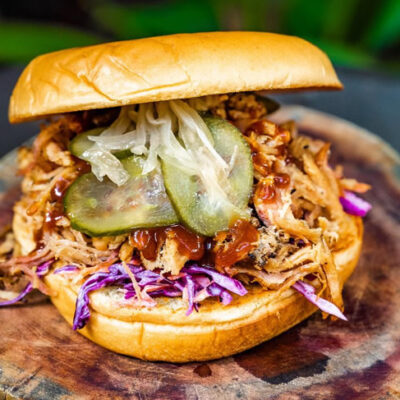 Pulled Pork Sandwich from El Cerado Pelon restaurant at Palma Central in Tulum Mexico