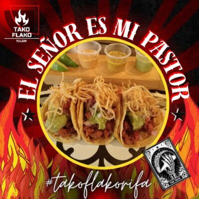 Mexicos best el senor de pastor Taco with french fries from TakoFlako at Palma Central in Tulum