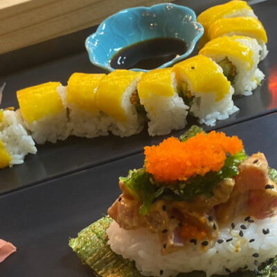 Sushi Mango Taiyo Roll from the best sushi restaraunt in Tulum, Mexico at Palma Central Food Truck Park.